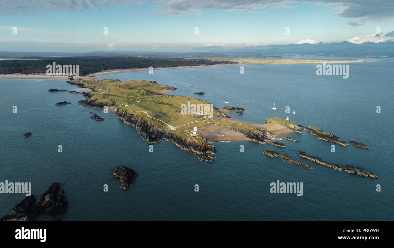 Aerial shot of Llanddwyn island on Anglesey, Wales, UK Stock Photo