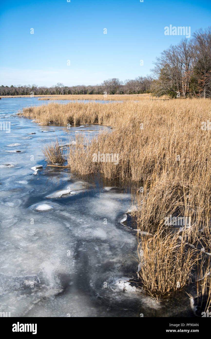 The Chesapeake Bay freezes over along the banks of Newburg, Maryland. Stock Photo