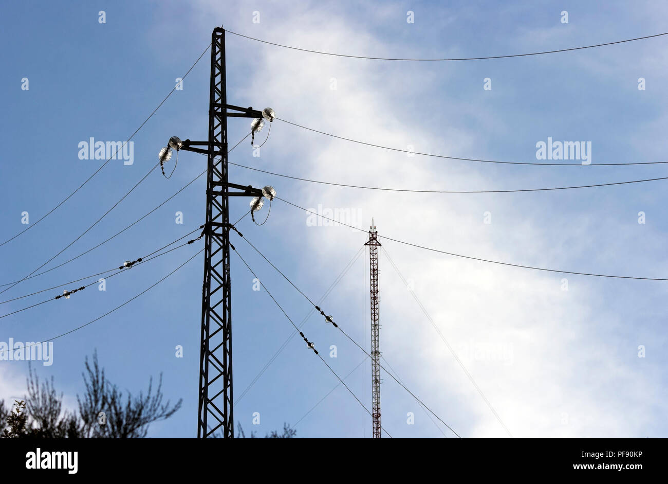 Electricity or communication connections with glass and pylon Stock