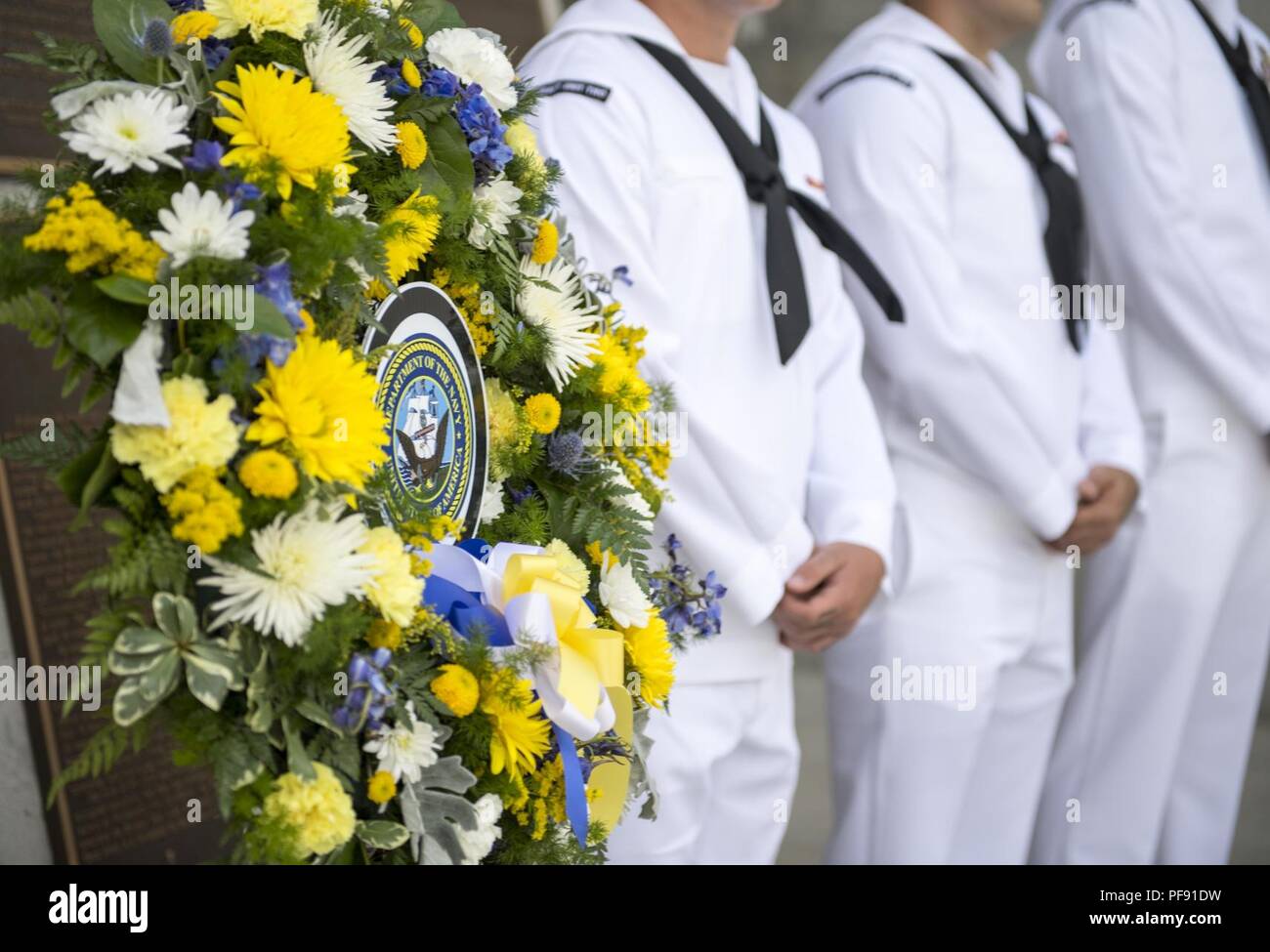 Va.  (June 6, 2018) Sailors from Assault Craft Unit Two lay a wreath during the 74th D-Day commemoration ceremony held at the National D-Day Memorial. The Memorial resides in Bedford, Va. - the town that suffered the highest per-capita loss of lives in the D-Day invasion over any community in the allied forces. Stock Photo