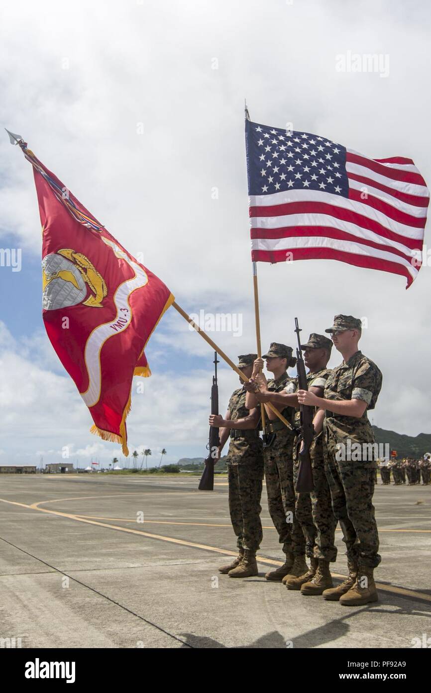 U.S. Marines with Marine Unmanned Aerial Vehicle Squadron 3 (VMU-3) render honors during a change of command ceremony, Marine Corps Air Station Kaneohe Bay, Marine Corps Base Hawaii, June 7, 2018. Lt. Col. Kenneth Phelps retired and relinquished command of VMU-3 to Lt. Col. Peter Ban. Stock Photo