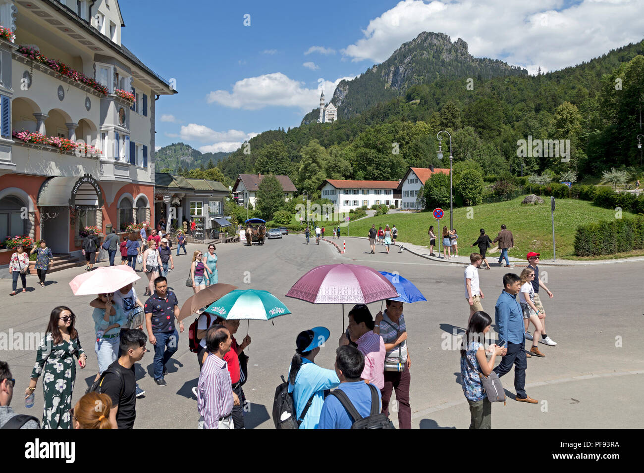 Hohenschwangau town with Neuschwanstein Castle in the background, Allgaeu, Bavaria, Germany Stock Photo