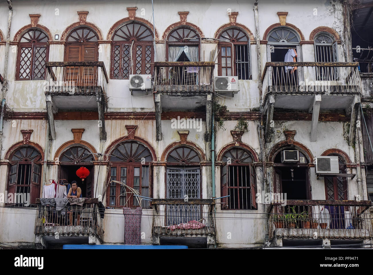 Yangon, Myanmar Feb 1, 2017. Old apartments in Yangon, Myanmar