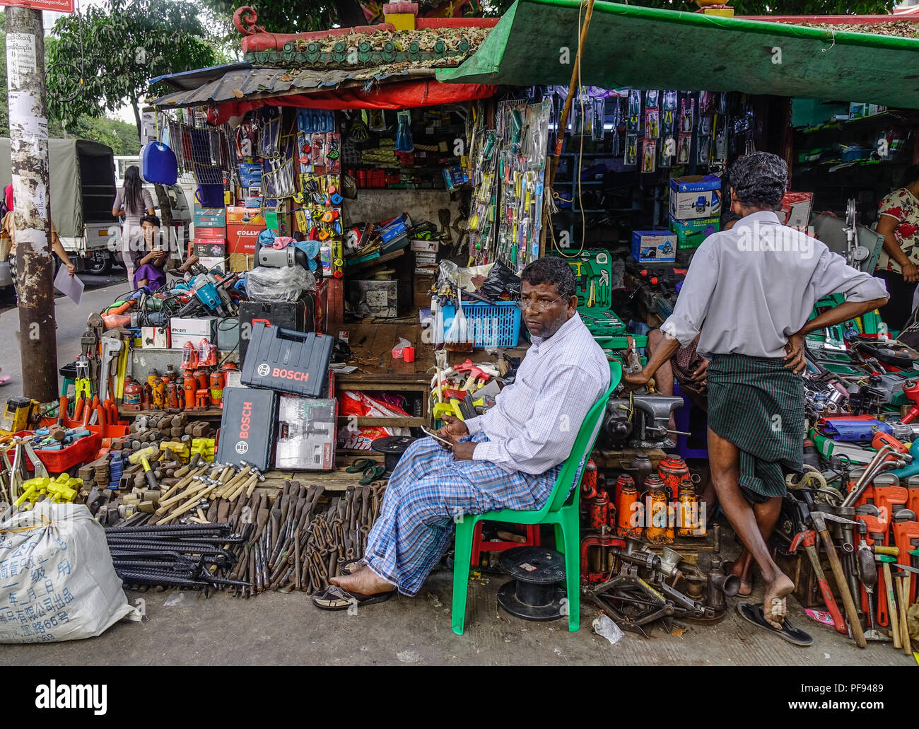 Yangon, Myanmar - Feb 1, 2017. Hardware market on street in Yangon ...
