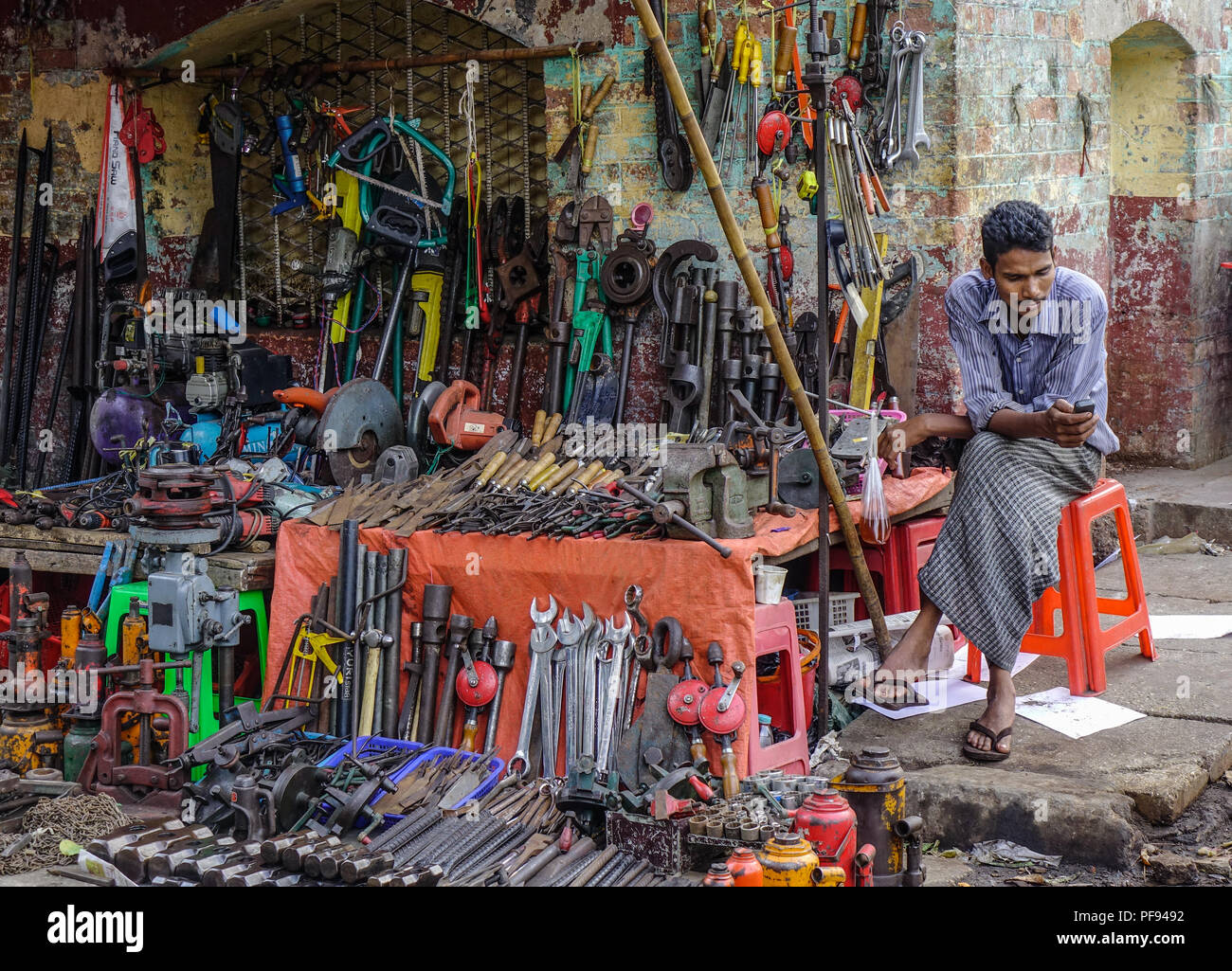 Yangon, Myanmar - Feb 1, 2017. Hardware market on street in Yangon ...