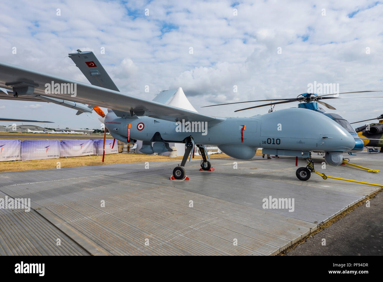 Turkish Aerospace Industries Anka unmanned aerial vehicle, uav at the Farnborough International Airshow FIA, aviation, aerospace trade show 2018 Stock Photo