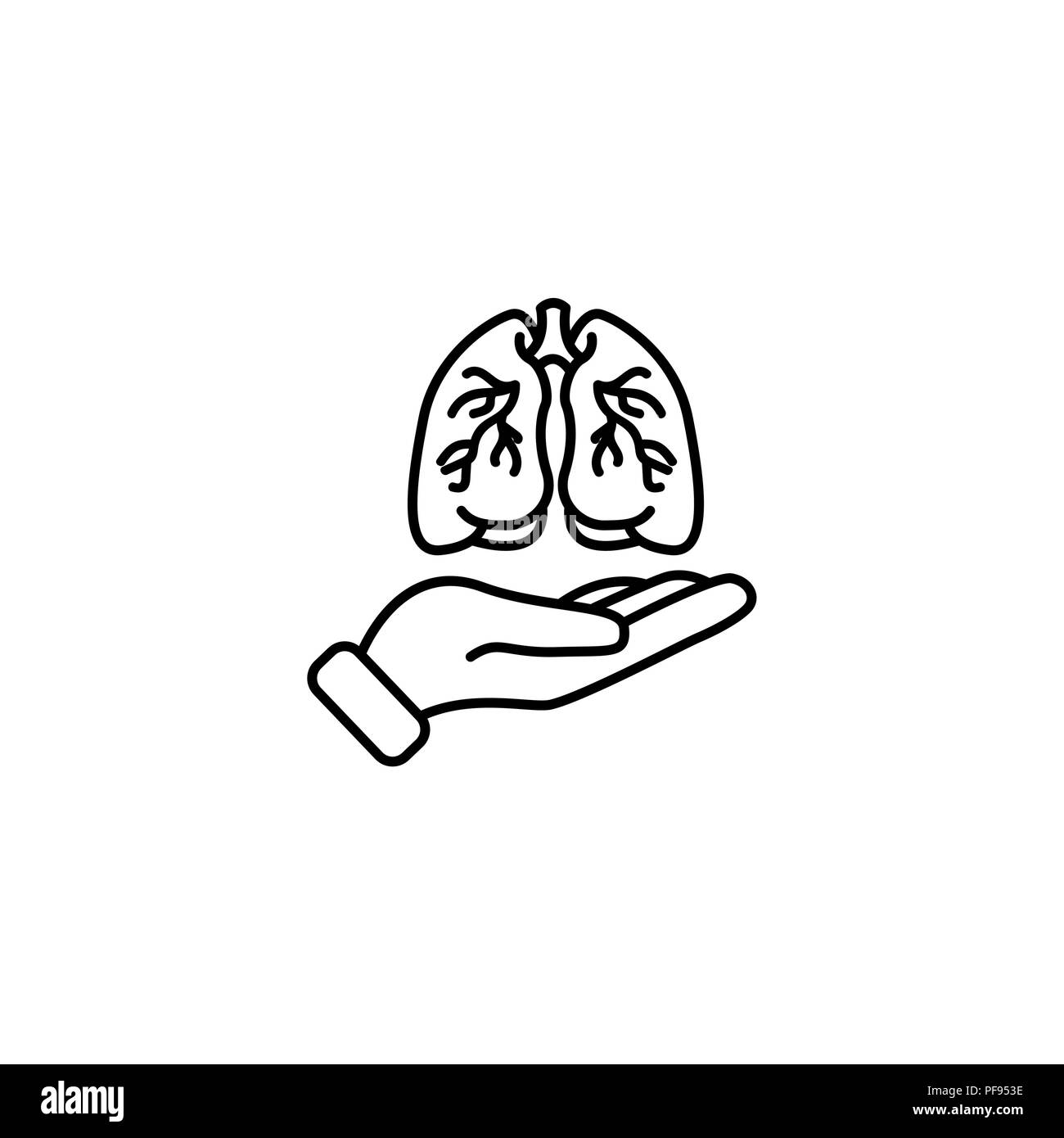 Web line icon. Lungs in hand black on white background Stock Vector