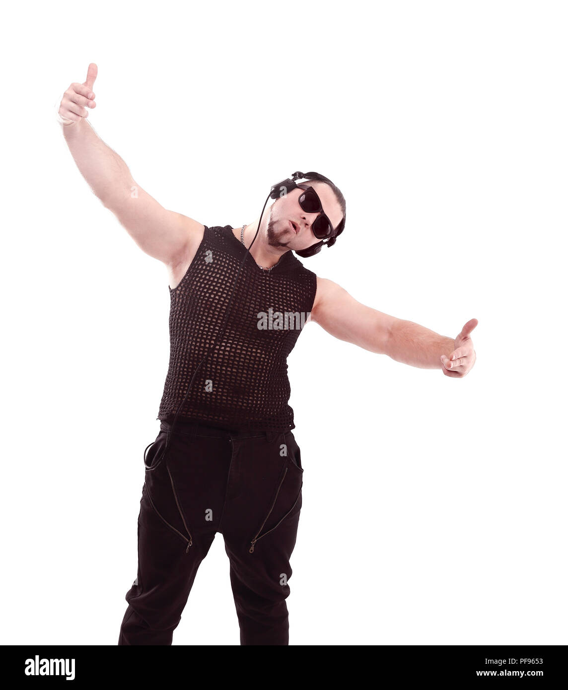 cool rapper showing thumbs up .isolated on white Stock Photo