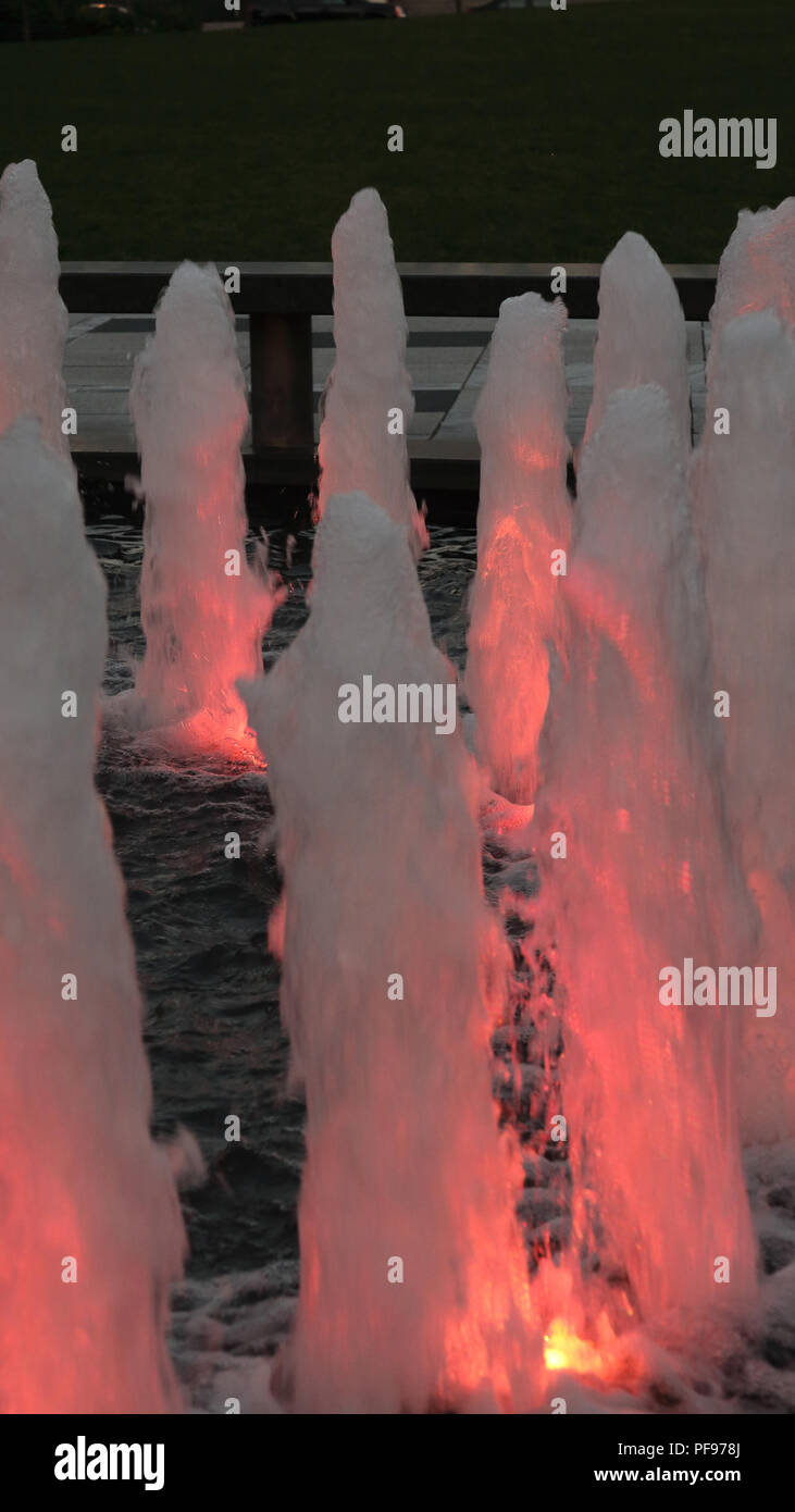 Color water in a fountain, downtown St. Louis, Missouri, in front of