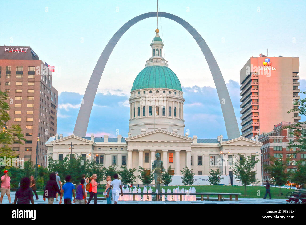 Gateway Arch National Park, in downtown St. Louis, MO. The park commemorates the Louisiana Purchase, the Dred Scott case,  and the first civil government west of the Mississippi Rivier. Stock Photo