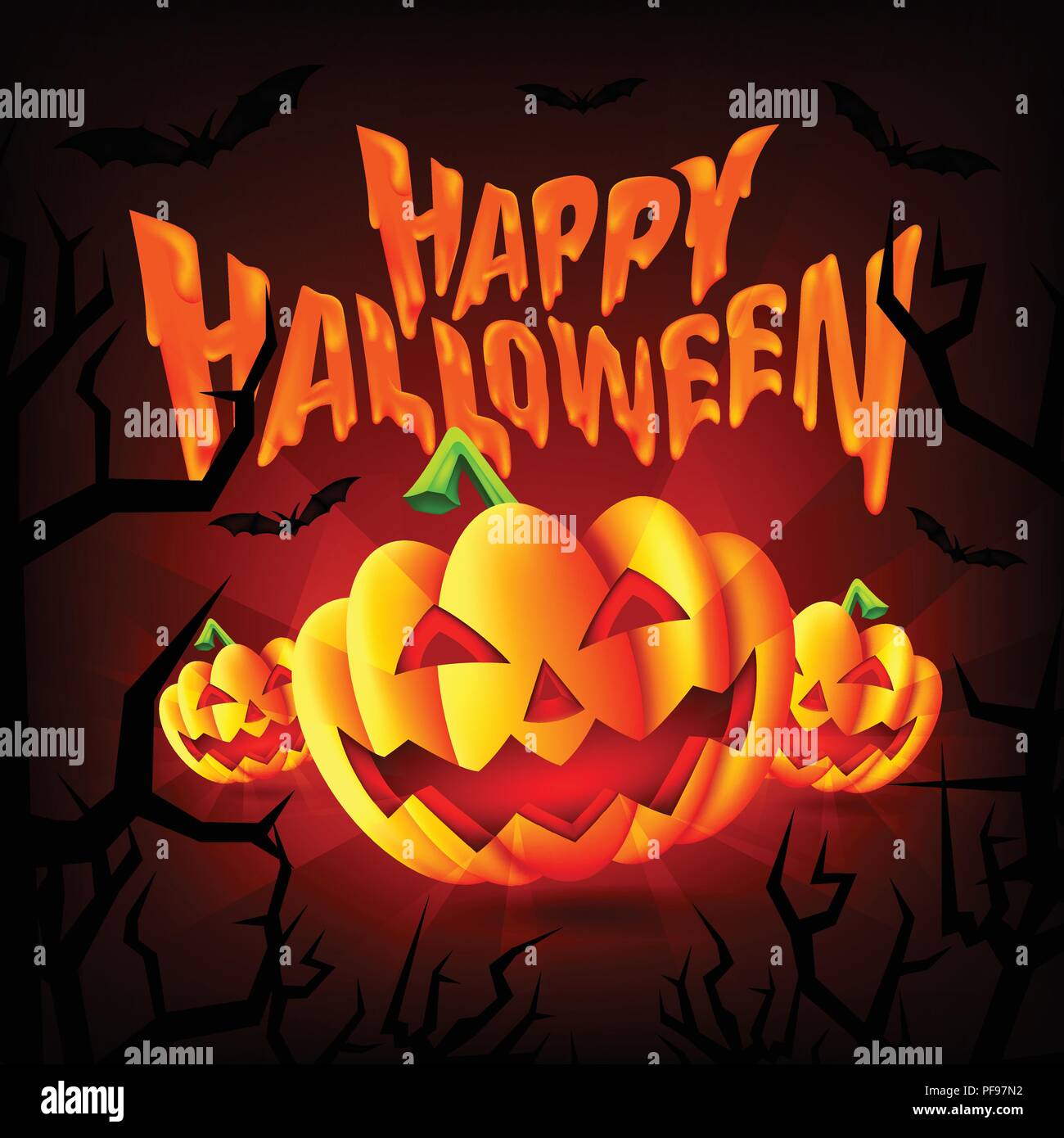 Happy Halloween, Halloween, Three Spooky Pumpkins with Bats at midnight, Floating Pumpkins, Horror, Stock Vector