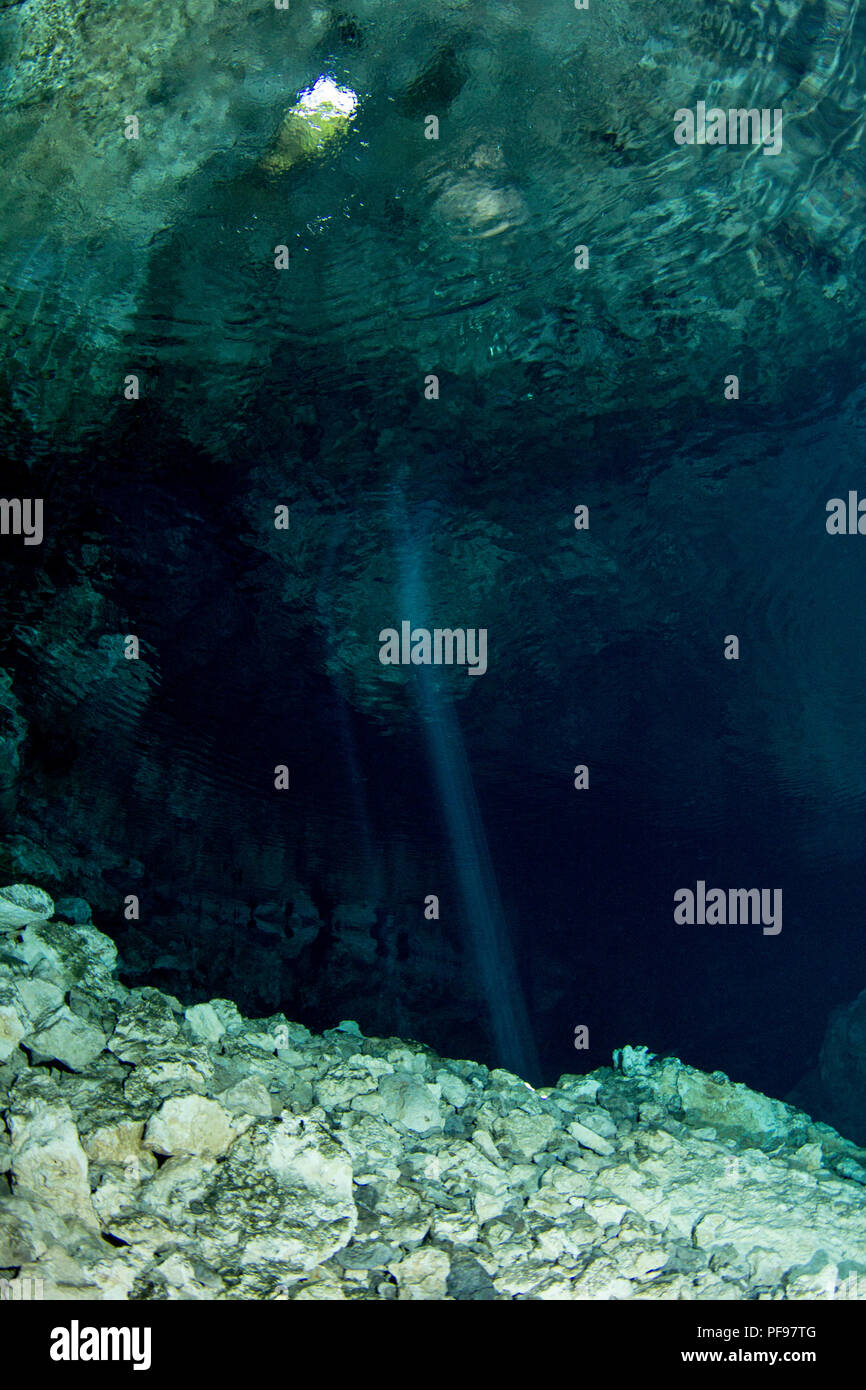 Light incidence, ray of light from the cave ceiling, underwater cave Cenote Tajma Ha, Playa del Carmen, Quintana Roo, Mexico Stock Photo