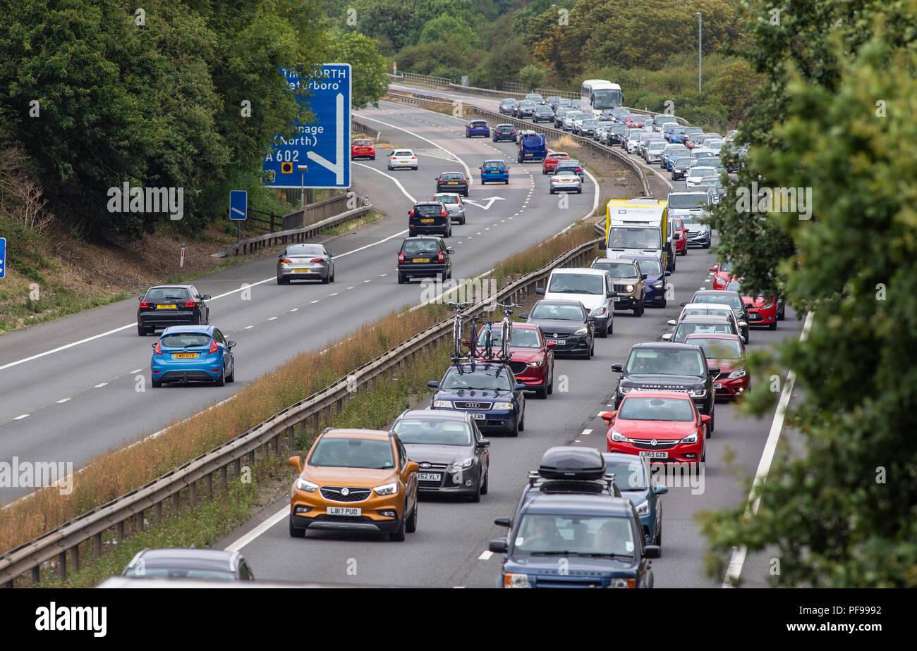 Queuing and stationary traffic on closed motorway. Southbound on A1M at junction 8 Stevenage North / Hitchin, Hertfordshire Stock Photo