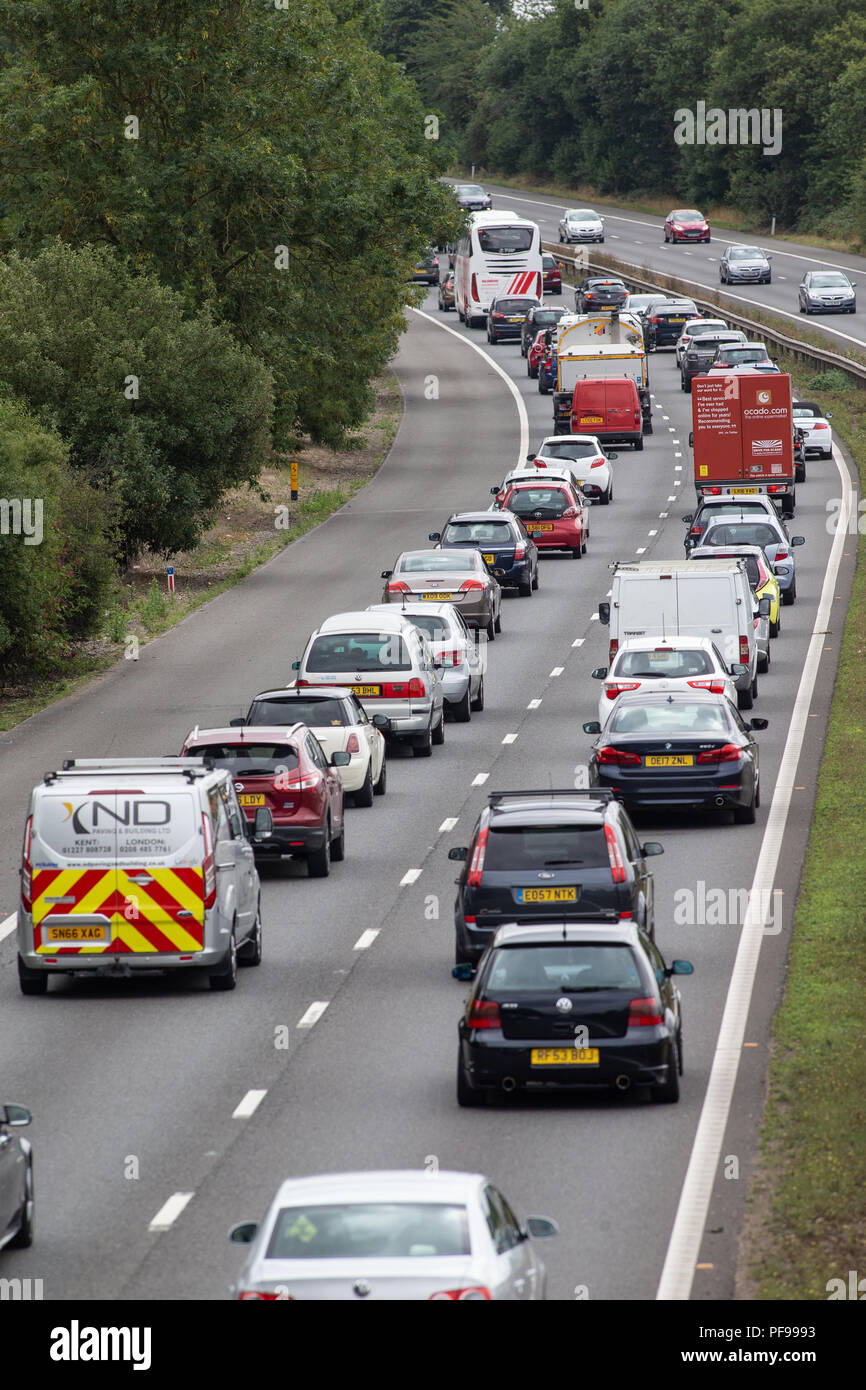 Queuing and stationary traffic on closed motorway. Southbound on A1M at junction 7 Stevenage, Hertfordshire Stock Photo
