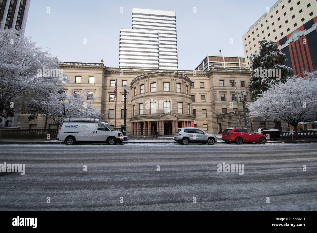 PORTLAND, OREGON, FEBRUARY 21 2018 City Hall in the winter with a fine dusting of snow on it