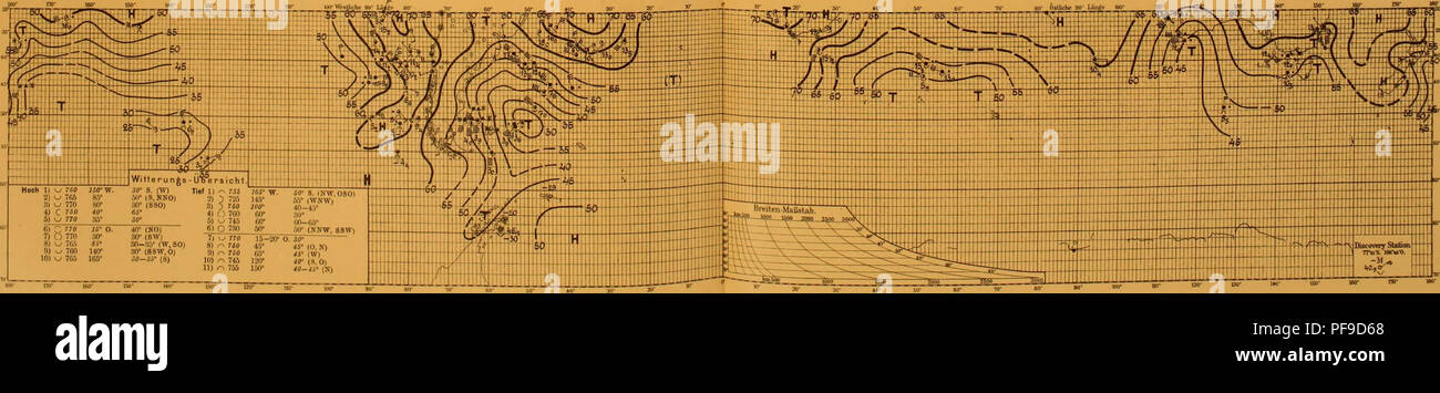. Deutsche Südpolar-Expedition, 1901-1903, im Auftrage des Reichsamtes des Innern. Gauss (Ship); Scientific expeditions. Witte rungs-Ubersicht. Hoch 1) w 760 i7(J° W. 30&quot; S, Tiel 1) r-. 740 IS(r W. 50° S, 3) C) 7äS iW' 56* (NO) 2) -&quot;^ ?J5 16S° SS° (ONO) 3) w 70.5 tö' 35' |8W) .ni 3 755 Jiff* Jfi—^O&quot; 4) r. 755 rir «5-7(7° lÜNOj 4) C 7.'i5 S7° 48° 5&gt; .-' 765 65° Sf** (8) 5) Q 740 69° 60° (W, N. S) 6) r TiO 40° 6S' 6) r^ 700 CS&quot; 38* 7) C 755 IS-Iff- 30—35' 7)0 740 GT 56° (NW. N, 0) 8) 0 770 lrÖ. ittMÖ) 8) O 720 »7' 47° (NNO&gt; 91 J 770 .10° .-&gt; 760 125° 30' (OSO) II) Stock Photo