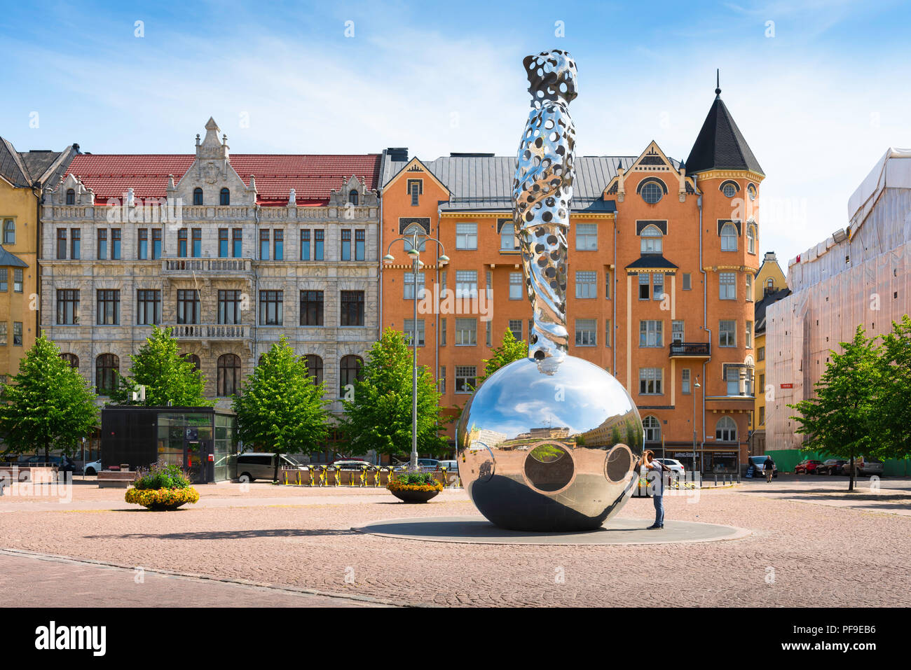 Helsinki architecture Finland, view of Art Nouveau styled buildings and the huge steel Lightbringer monument sited in Kasarmitori square in Helsinki. Stock Photo