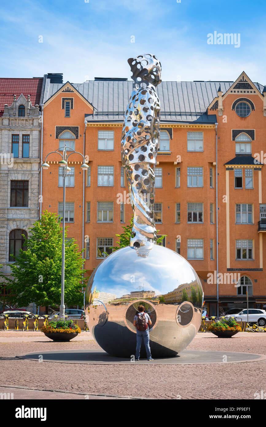 Finland architecture Helsinki, view of Art Nouveau styled buildings and the huge steel Lightbringer monument sited in Kasarmitori square in Helsinki. Stock Photo
