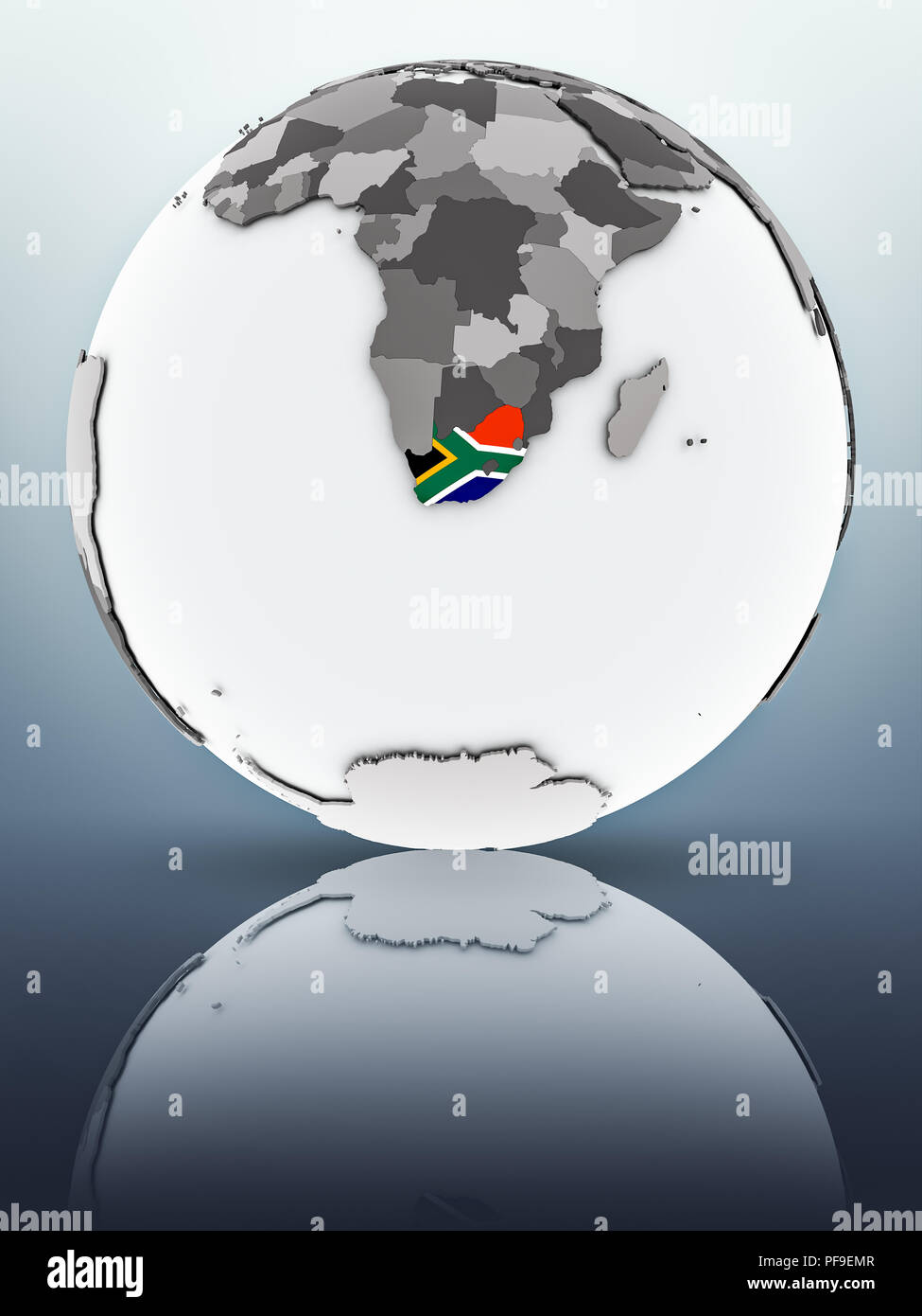 South Africa with flag on globe reflecting on surface. 3D illustration ...