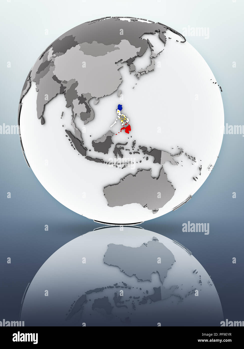 Philippines with flag on globe reflecting on surface. 3D illustration ...