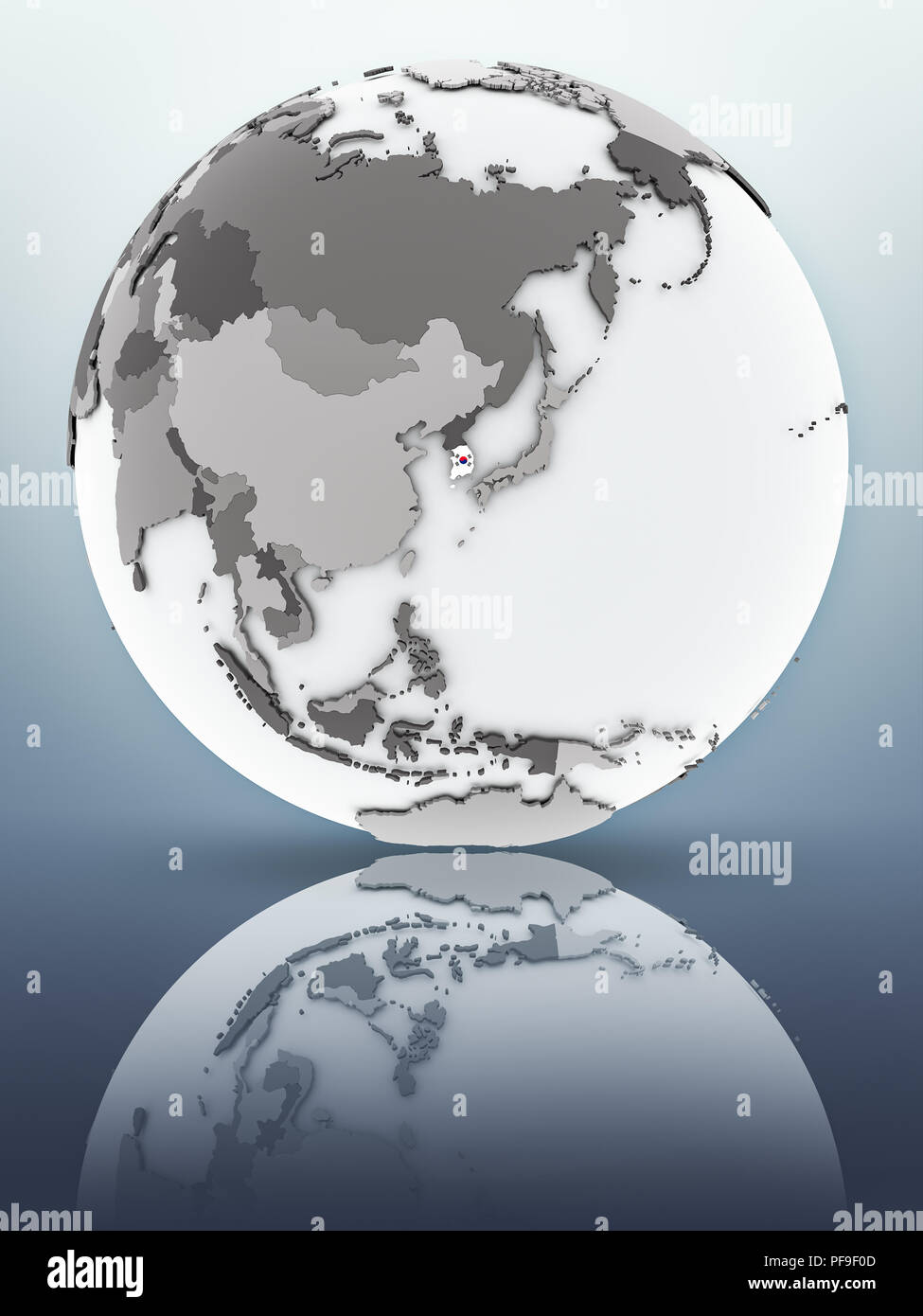 South Korea with flag on globe reflecting on surface. 3D illustration ...
