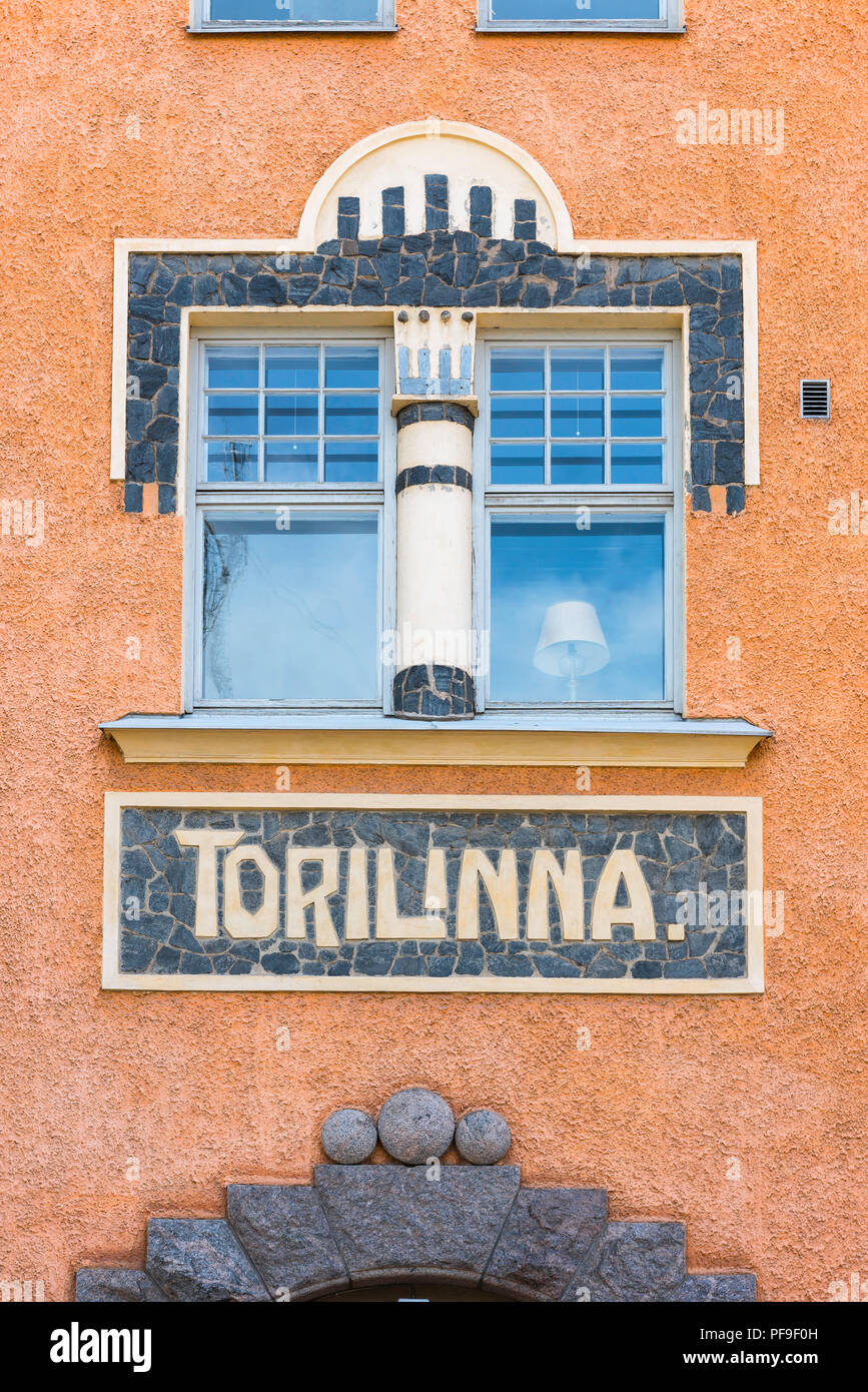 Art nouveau window, detail of the art nouveau styled Torilinna apartment building in Kasamitori in the center of Helsinki, Finland. Stock Photo