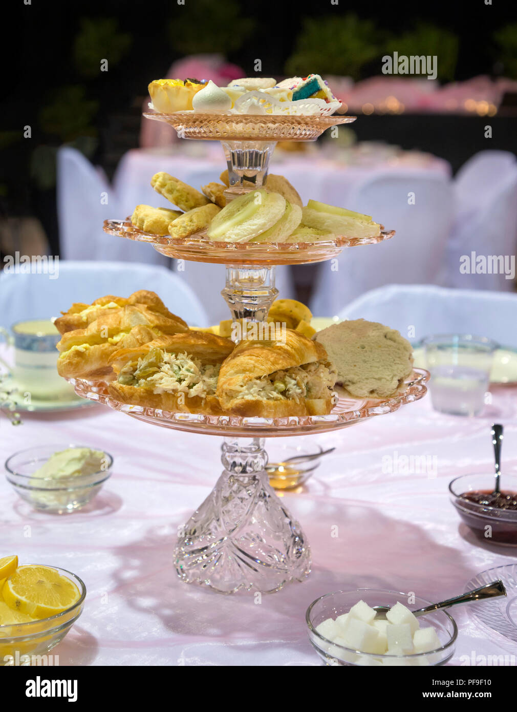 Ladies tea at a North Florida church, featuring antique and fine china and teapots. Stock Photo