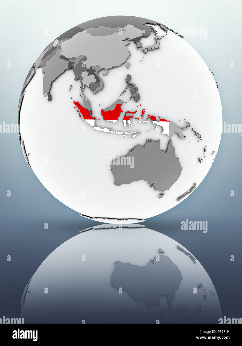 Indonesia with flag on globe reflecting on surface. 3D illustration. Stock Photo