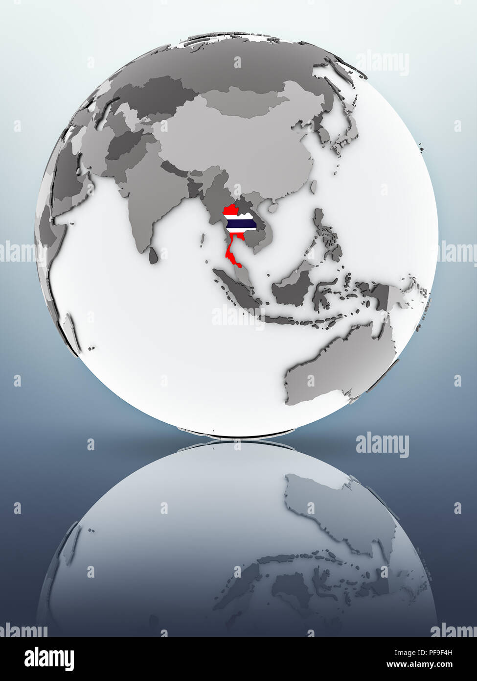 Thailand with flag on globe reflecting on surface. 3D illustration ...