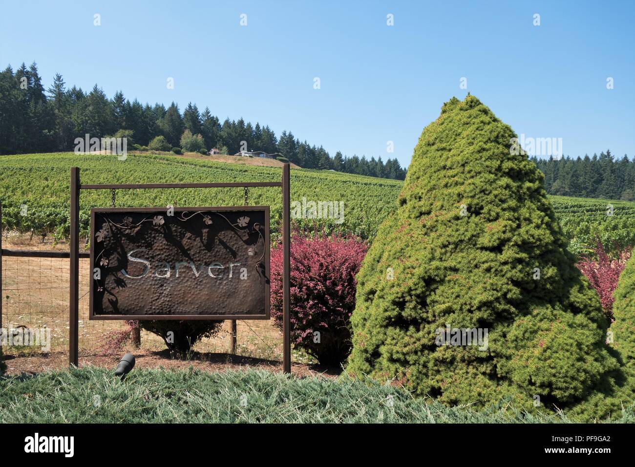 A sign at the entrance to Sarver WInery in Eugene, Oregon, USA Stock