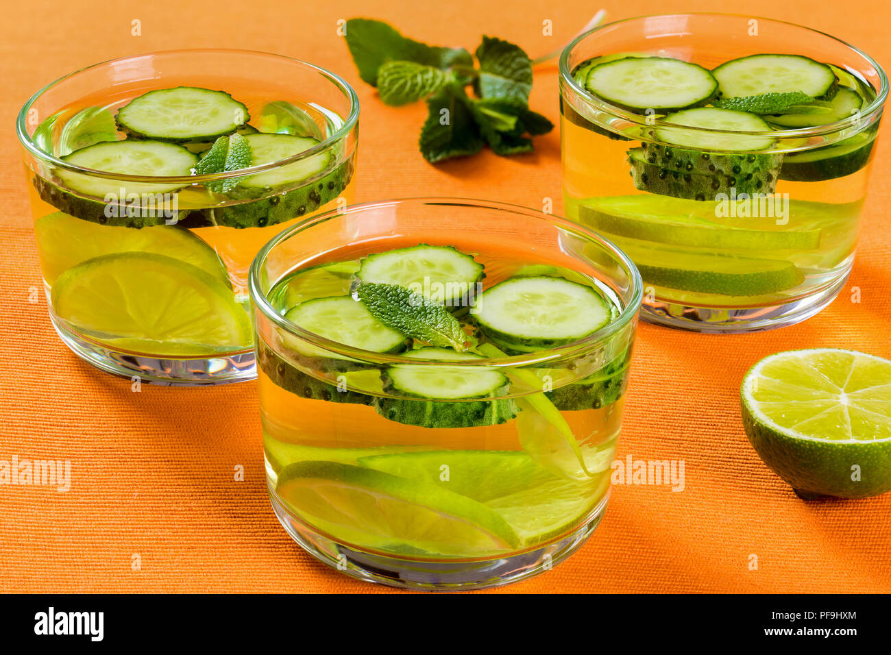 Very Fat Burning Detox Drink - Sassy Water: sliced cucumber, lime and mint in the glasses Stock Photo