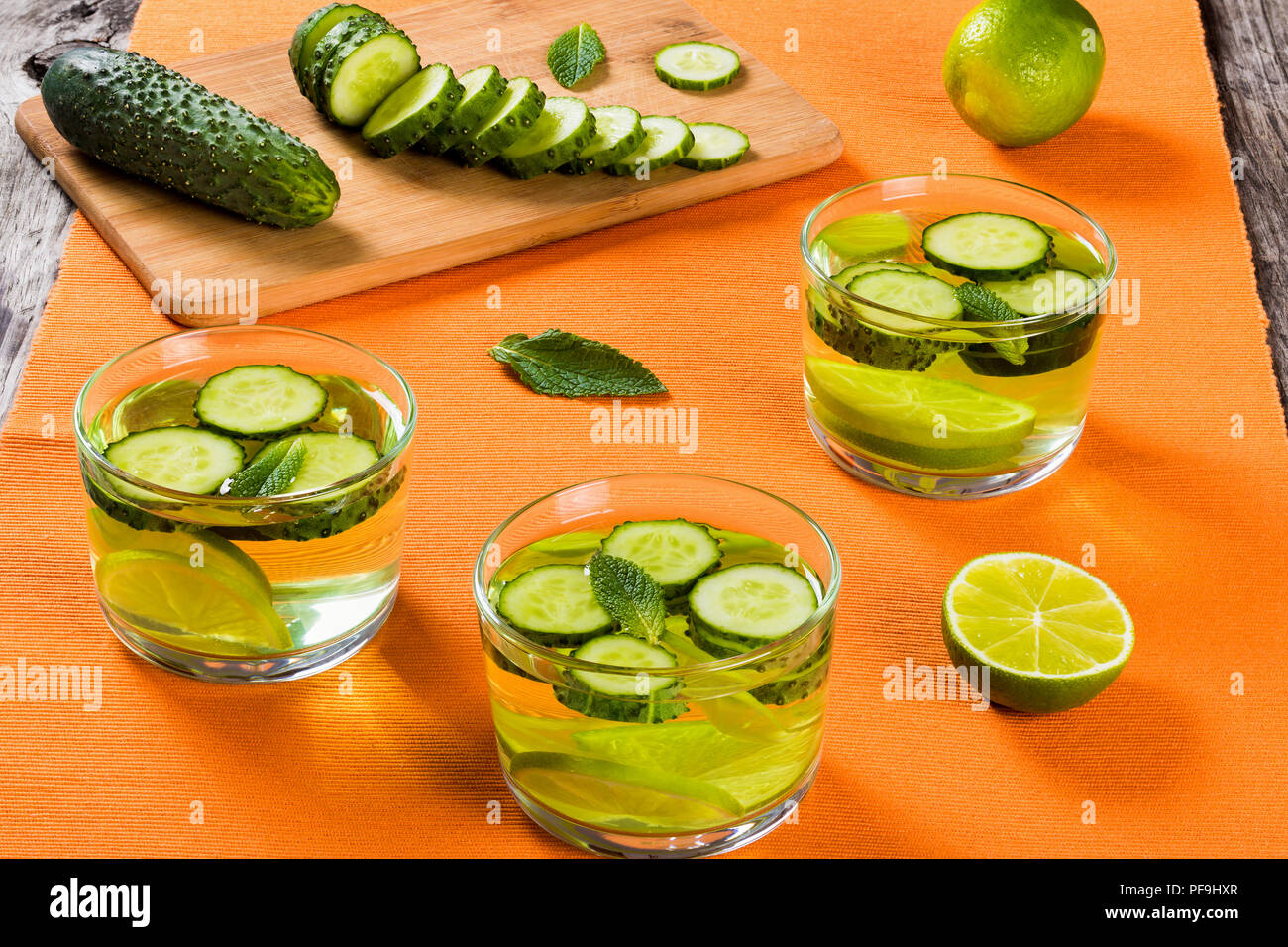 Very Fat Burning Detox Drink - Sassy Water: sliced cucumber, lime  and mint in the glasses Stock Photo