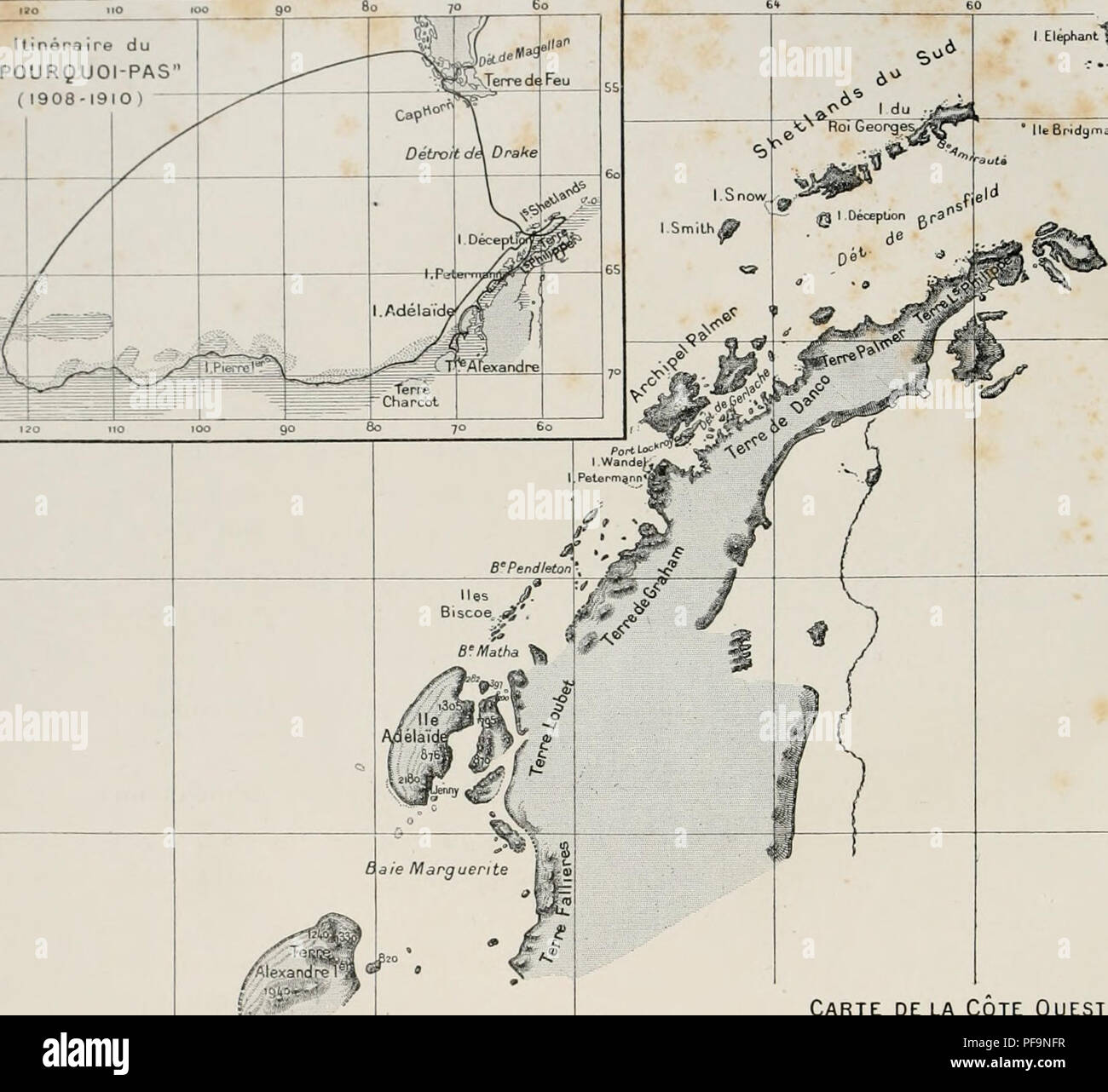 . Deuxième expédition antarctique francaise (1908-1910). Natural history -- Antarctica; Scientific expeditions -- Antarctica; Antarctica. Itinéraire du &quot;POURQUOI-PAS&quot; (1908-1910) 6&quot;^ I ElepKant Ile Bridgmann. O''*! ?gCR|fjcot Carte de la Cote Ouest DE L' ANTARCTIDE SUD-AMÉRICAINE  j  CARTE DES REGIONS PARCOURUES ET RELEVÉES PAR L'EXPÉDITION MEMBRES DE LÉTAT-MAJOR DU &quot; POURQUOI-PAS? J.-B. CHARCOT M. BONGRAIN Hydrographie, Sismographie, Gravilalion terrestre. Observations astronomiques. L. tjAIN . Zoologie (Spongiaires, EchinoJermes, Arthropodes. Oiseaux et leurs parasites)  Stock Photo