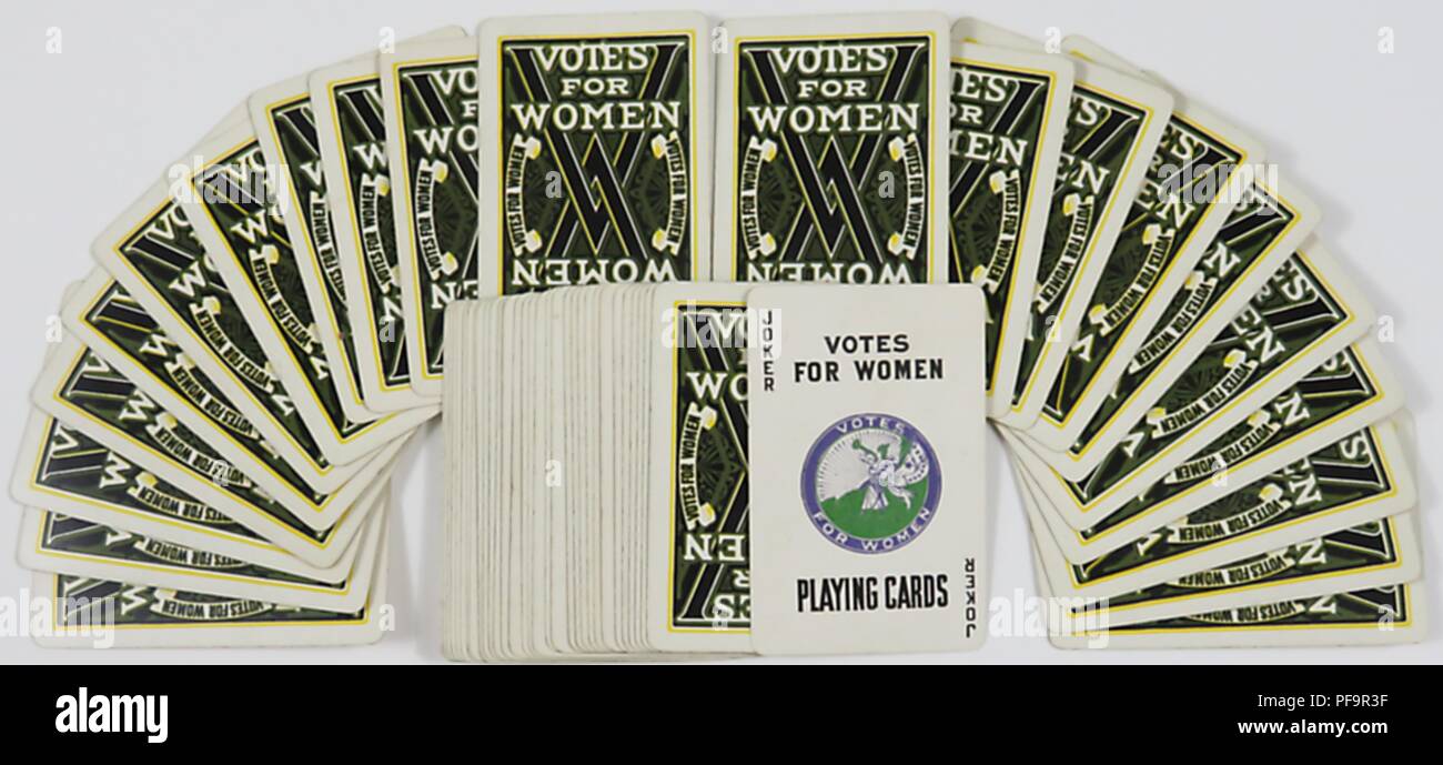 Suffrage memorabilia deck of playing cards, with the text 'Votes For Women' on each side and featuring Caroline Watt's 'Bugler Girl' or 'Clarion Girl' design, printed in purple, green, and white, on the faces of both the Ace and Joker cards, distributed by Harriot Stanton Blatch's Women's Political Union (WSPU) for the American market, 1900. Photography by Emilia van Beugen. () Stock Photo