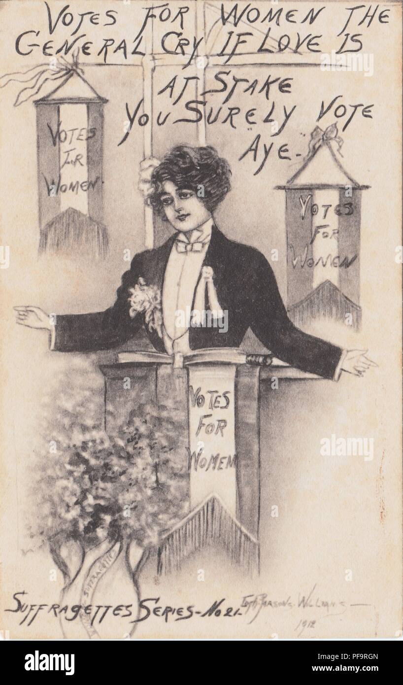 Black and white postcard, depicting a woman dressed as a male politician, captioned 'Votes for women the general cry if love is at stake you surely vote aye, ' referencing the possibility of post-suffrage gender role reversal, number twenty-one in the New York Suffragettes Series, illustrated by Edith Parsons Williams, and published by C Wolf for the American market, 1912. () Stock Photo