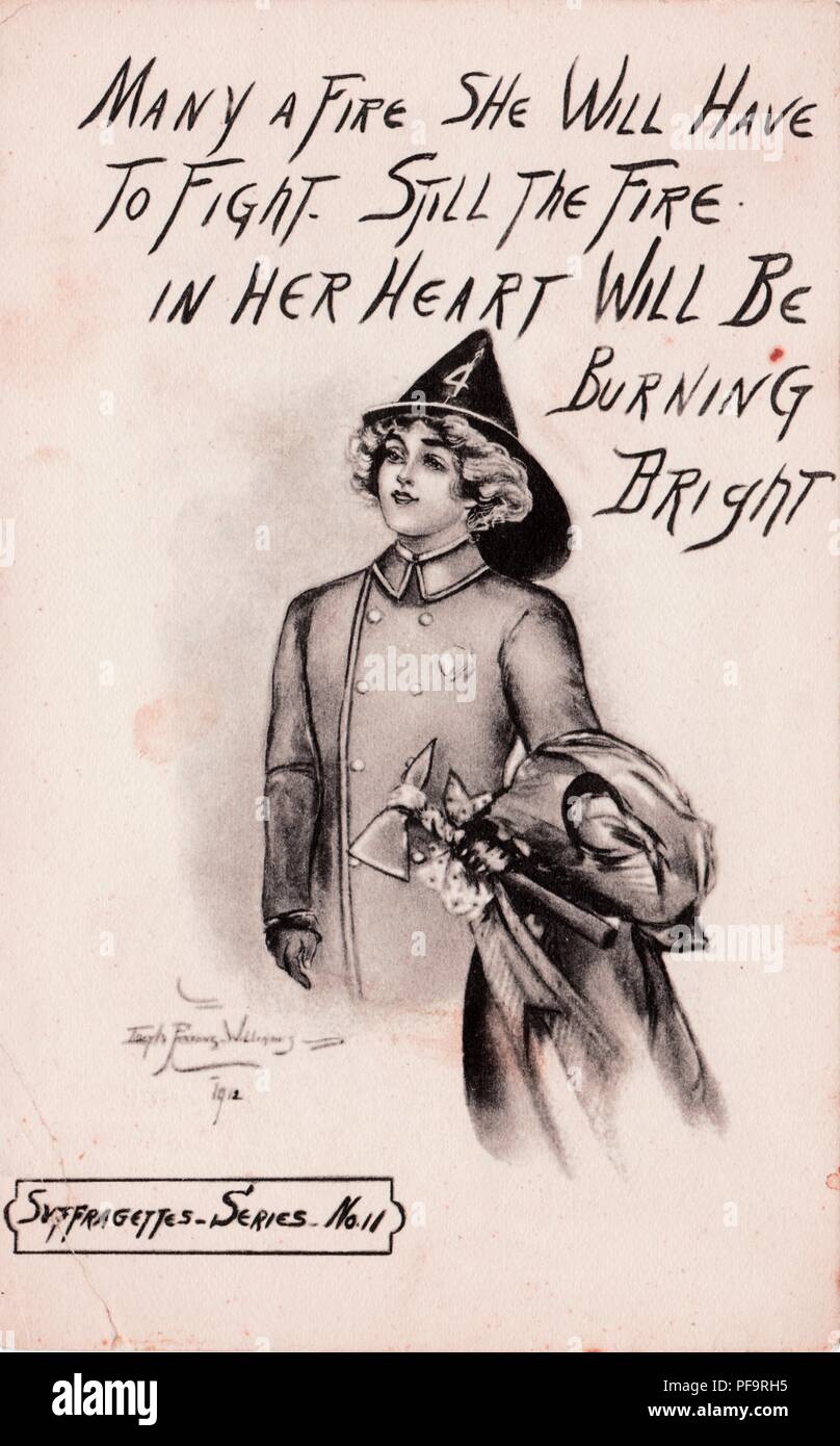 Black and white postcard, depicting a woman dressed as a fireman holding a pickaxe, captioned 'Many a fire she will have to fight, but still the fire in her heart will be burning bright, ' referencing the possibility of post-suffrage gender role reversal, number eleven in the New York Suffragettes Series, illustrated by Edith Parsons Williams, and published by C Wolf for the American market, 1912. () Stock Photo