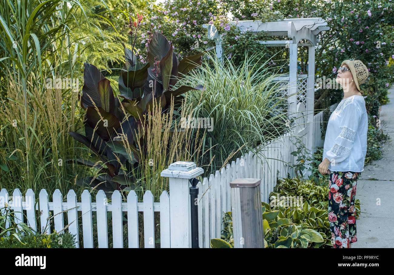 She admires this beautiful garden entry. Stock Photo