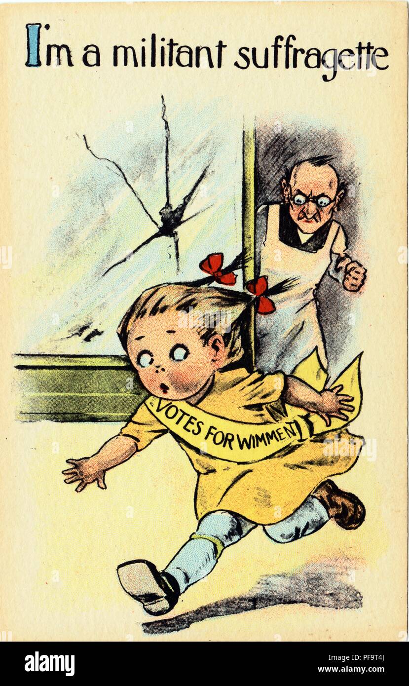 Color postcard, depicting a small girl, wearing a sash reading 'Votes for Wimmen, ' running from an angry shopkeeper after breaking his window, captioned 'I'm a militant suffragette, ' part of a twelve-card set published by the firm of Barton and Spooner for the American market, 1900. () Stock Photo