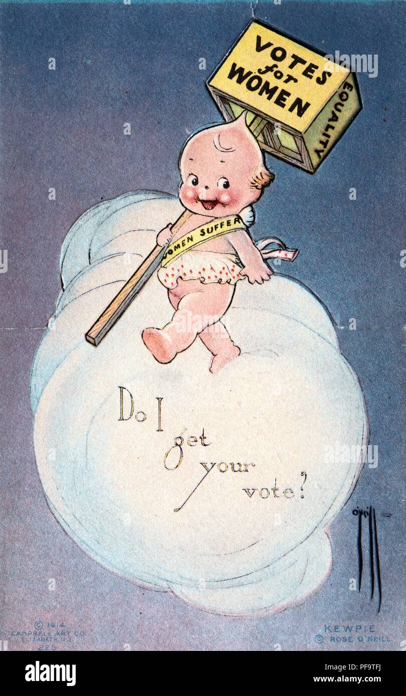 Color, suffrage postcard, depicting a Kewpie Doll, walking on a cloud and carrying a box sign reading 'Votes for Women, ' captioned 'Do I get Your Vote?' illustrated by Rose O'neill, creator of the Kewpie Dolls, and published by the Campbell Art Company, in Elizabeth New Jersey, for the American market, 1914. () Stock Photo
