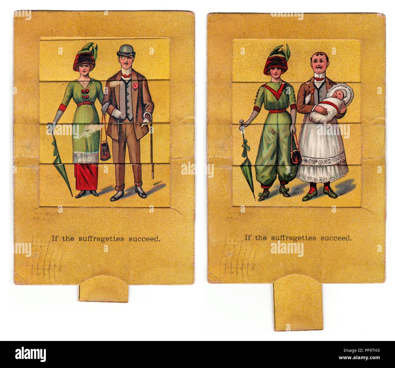 Metamorphic, color, anti-suffrage postcard, with a tab at the bottom of the card that can be pulled to change the image from a conventionally depicted Edwardian couple, to an image with the gender roles reversed, the woman wearing trousers and the man wearing a skirt and holding a baby, captioned 'If the suffragettes succeed, ' published for the American market, 1900. Photography by Emilia van Beugen. () Stock Photo