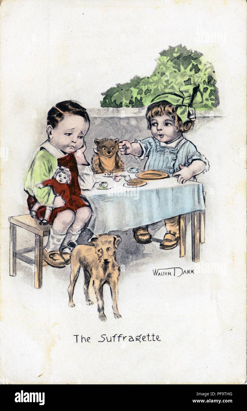 Color, anti-suffrage card, showing a small girl forcing a small boy to attend her tea party, and captioned 'The Suffragette, ' thus suggesting that men will be forced to accept female authority once the women have the right to vote, illustrated by Walter Darr, and published for the American market, 1900. () Stock Photo