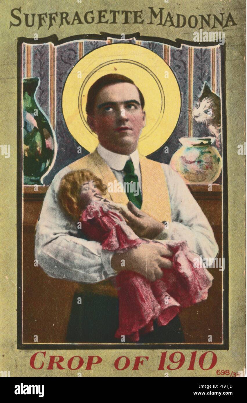Color, commercial postcard, depicting a suffragist husband as a male 'Madonna, ' feeding a baby doll that he cradles in his arms, with a golden halo above his head and the text 'Suffragette Madonna Crop of 1910, ' published for the American market, 1910. () Stock Photo