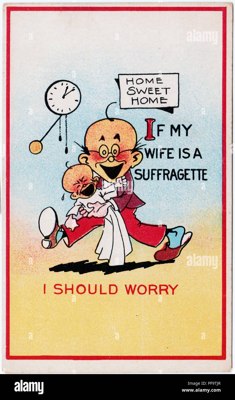 Color, commercial card, with an anti-suffrage message, depicting a suffragist husband as a diminutive, balding, bespectacled man, who is left caring for the baby while his wife is away, with the text 'If my wife is a suffragette I should worry, ' published for the American market, 1900. () Stock Photo