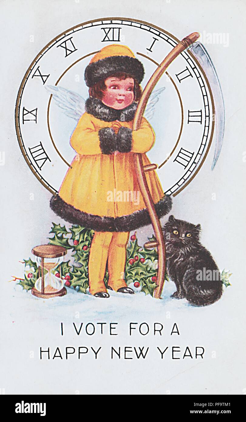Color New Year's greeting card, depicting a small girl wearing a yellow dress with black, fur trim, with a black cat seated at her feet, and the pro-suffrage caption 'I vote for a happy new year' published for the American market, 1900. () Stock Photo