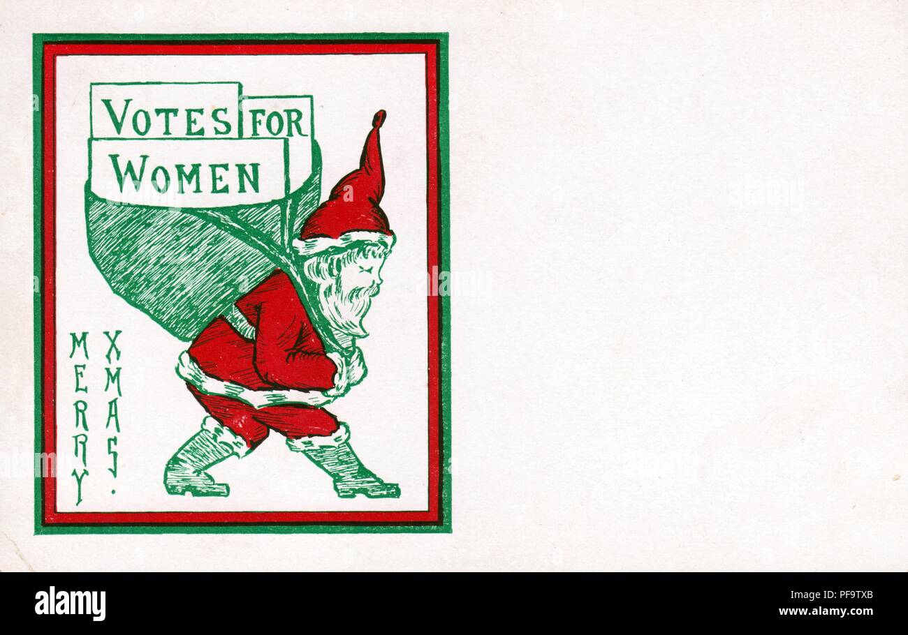 Color Christmas card, featuring Santa Claus in profile, bringing 'Votes for Women' in his sack, published for the American market by the Just Government League of Maryland, 1900. () Stock Photo