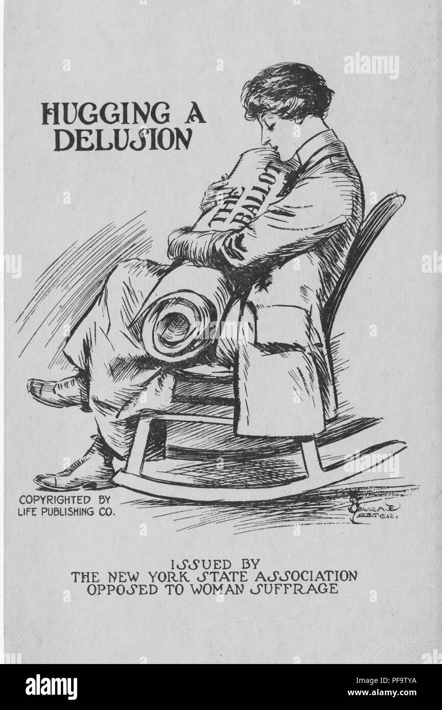 Black and white card, depicting a woman dressed in masculine clothing, seated in a rocking chair and hugging a giant rolled ballot as though it was a baby, captioned 'Hugging a delusion, ' referencing the anti-suffrage stance that a woman's real function is motherhood, not the ballot, illustrated by Laura Foster, copyrighted by Life Publishing Company, and published for the American market by the New York State Association Opposed to Woman Suffrage, 1915. () Stock Photo