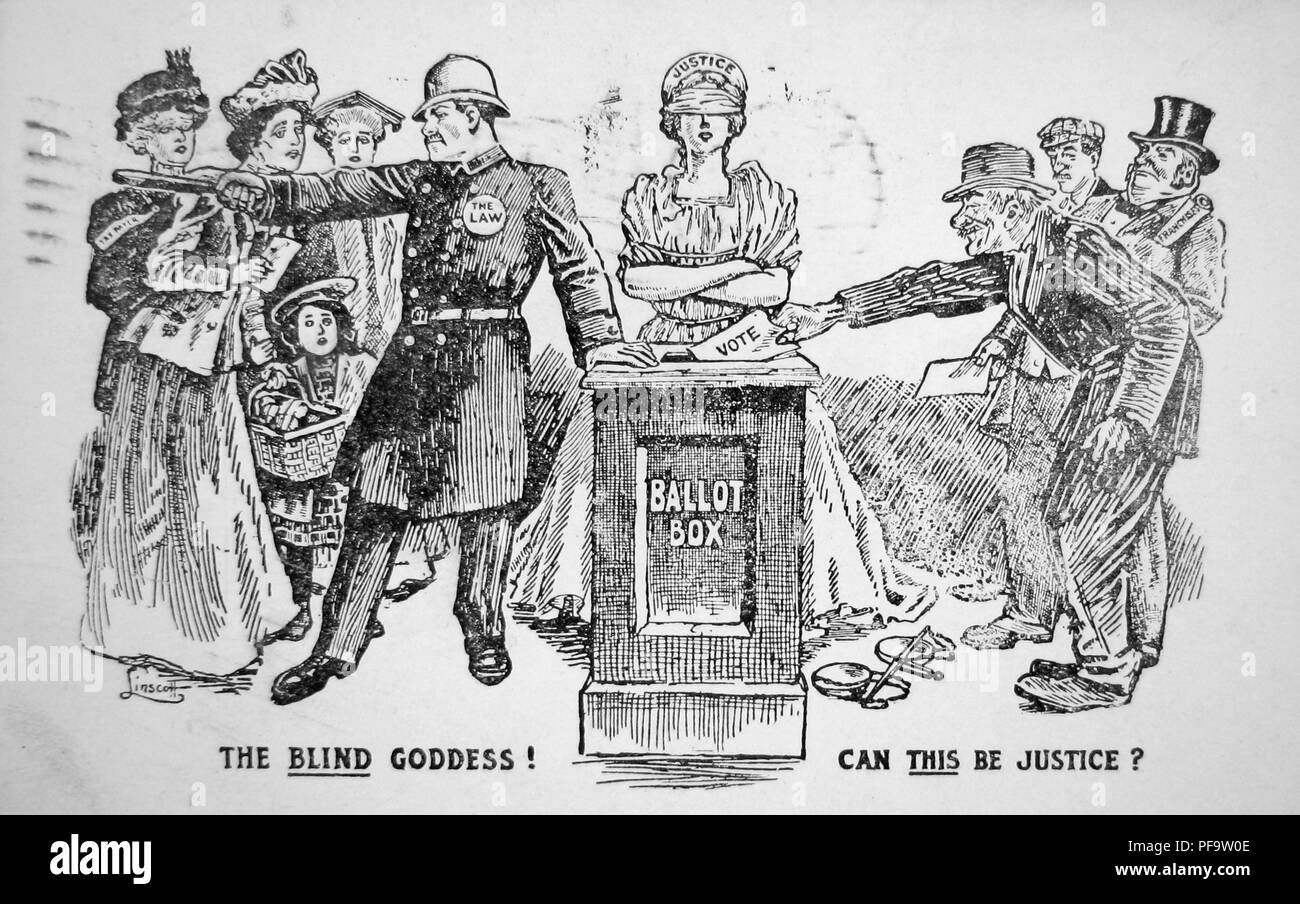 Black and white card, depicting disreputable men voting while a law officer keeps women away from a ballot box that is supervised by a blindfolded, female personification of Justice, captioned 'The blind goddess! Can this be justice?' published for the American market, 1900. () Stock Photo