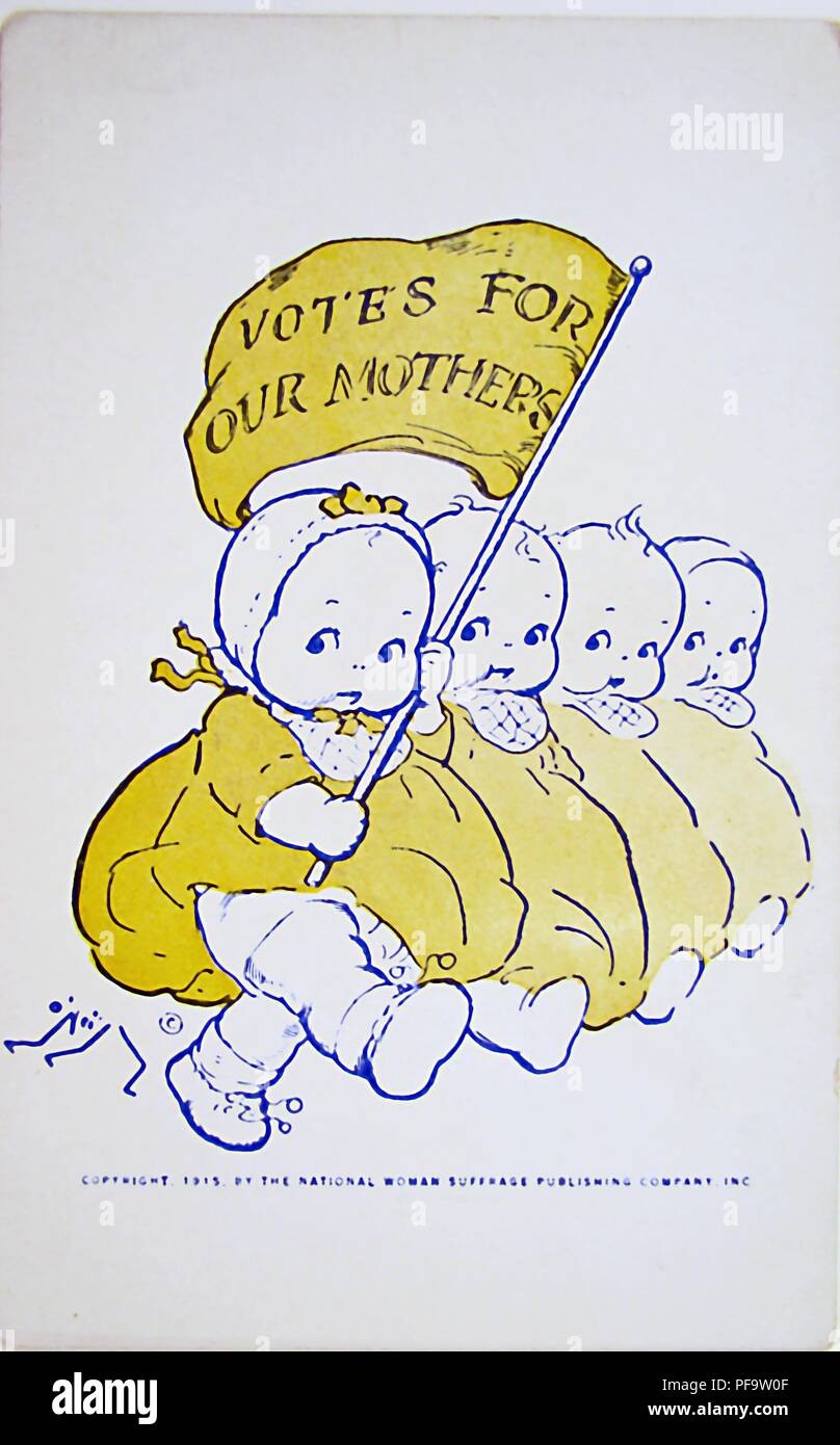 Color postcard, depicting a row of Kewpie dolls wearing yellow, one holding a yellow 'Votes For Our Mothers' pennant, illustrated by Rose O'neill, creator of the Kewpie Doll, created for the American market by the National Woman Suffrage Publishing Company Incorporated, 1915. () Stock Photo