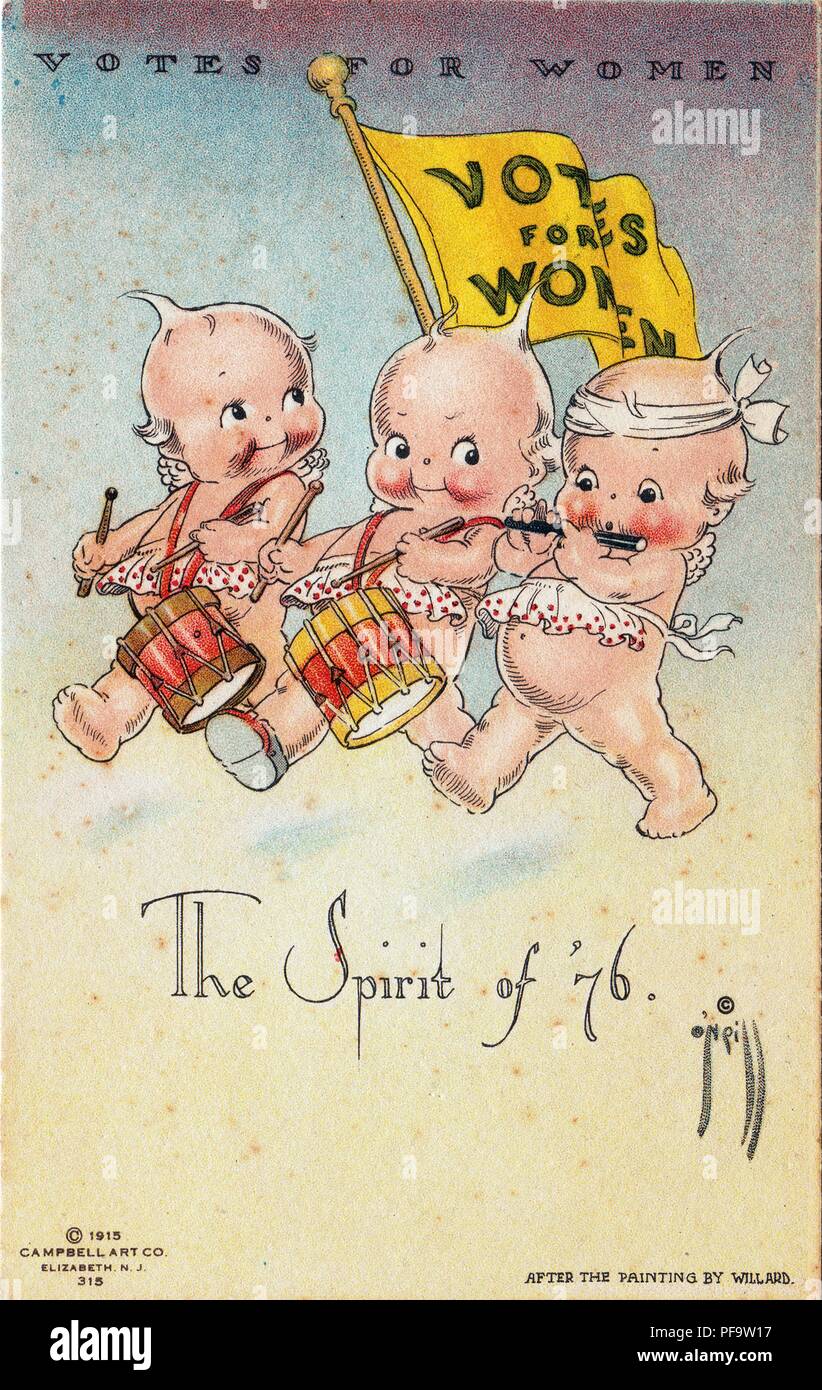 Color postcard, depicting a three Kewpie dolls in the guise of revolutionaries playing instruments, with a yellow 'Votes For our Women' pennant flying behind them, captioned 'The Spirit of '76, ' illustrated by Rose O'Neill, creator of the Kewpie Doll, and published in Elizabeth NJ, by the Campbell Art Company, for the American market, 1915. () Stock Photo