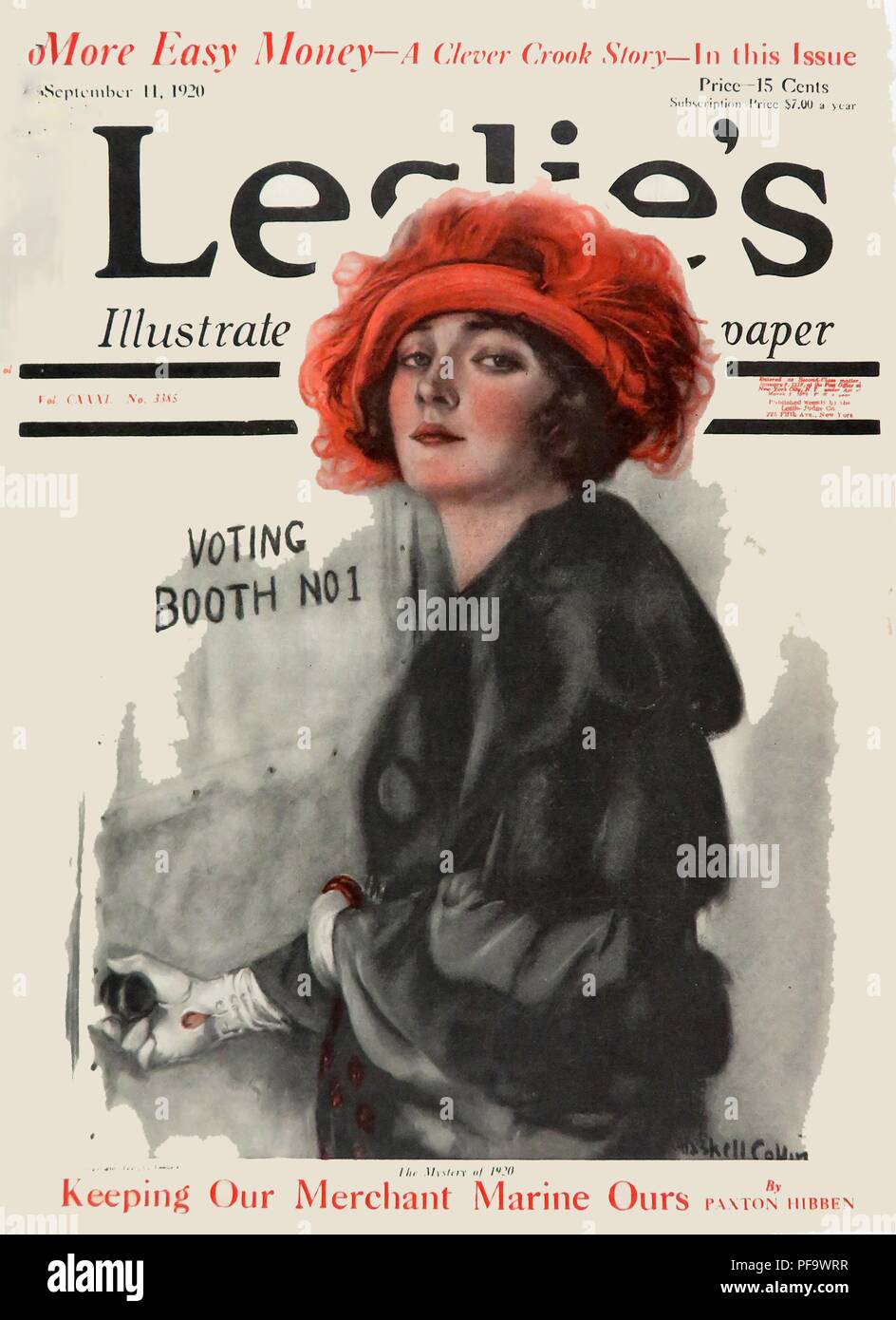 Color magazine cover, depicting a young suffragette, wearing a red hat, legally entering a voting booth for the first time, published for the American market by Leslie's Illustrated Weekly Newspaper, dated September 11, 1920. () Stock Photo